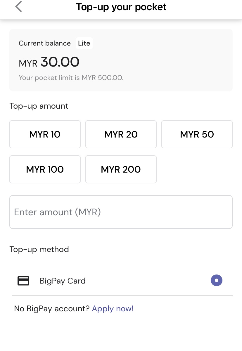 AirAsia Pocket Kini Hanya Sokong TambahNilai Menggunakan Kad BigPay